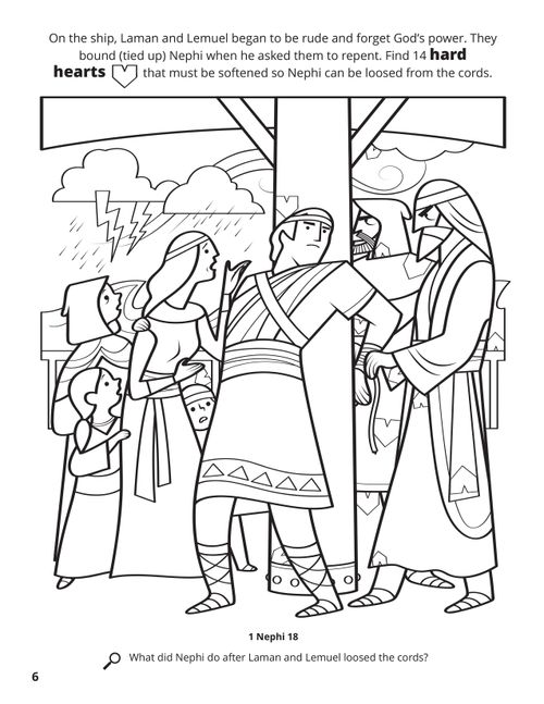 A line drawing of Laman and Lemuel tying Nephi up in anger after he asked them to repent.