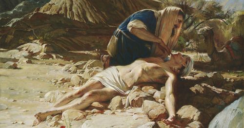 The painting depicts the Good Samaritan administering to the beaten and injured man stripped of his clothing. A camel rests behind to the right. The scene takes place in a rocky desert setting reminiscent of the Holy Land.