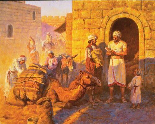 people bringing goods to Melchizedek as payment of tithing