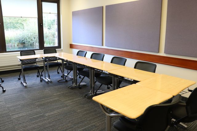 Photos of working and eating areas inside the England Missionary Training Center