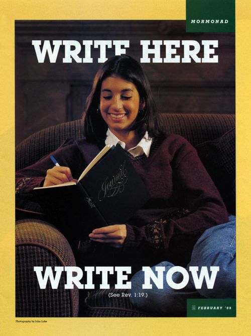 A poster showing a young woman writing in a journal, paired with the words “Write Here, Write Now” printed on the top and bottom.