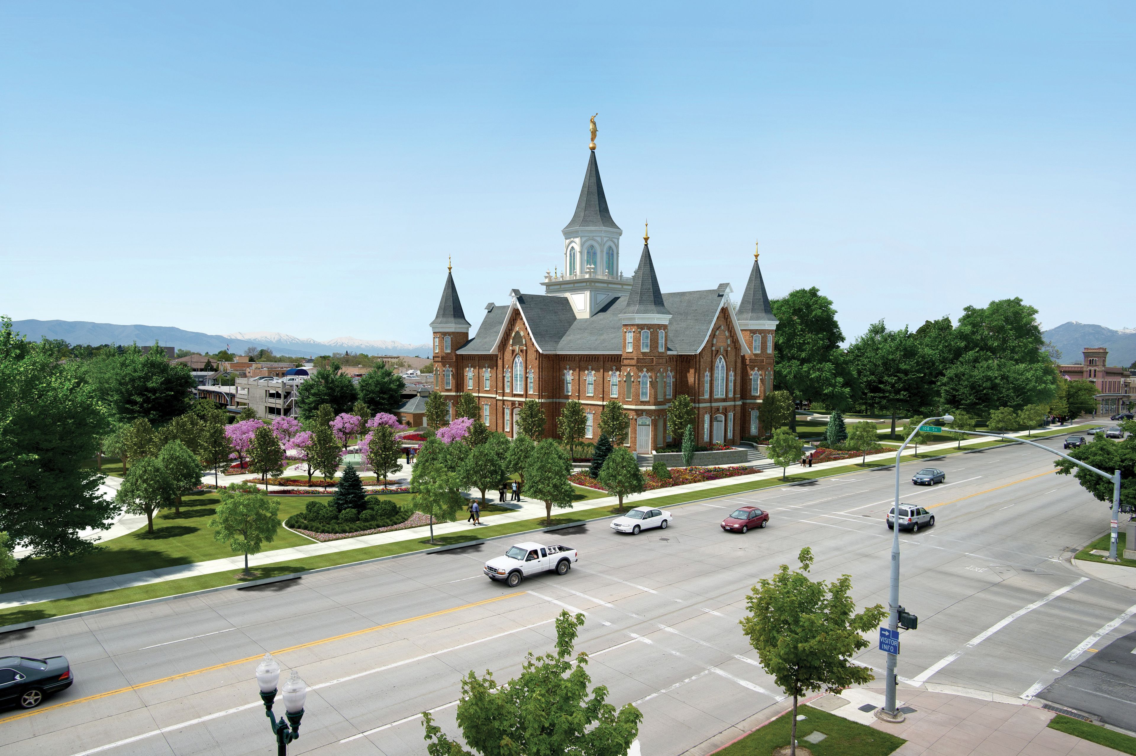 An artist’s rendition of the Provo City Center Temple, including scenery.