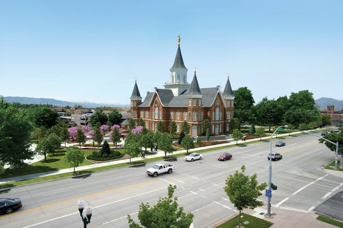 An artist’s rendition of the Provo City Center Temple from afar, showing cars driving on the nearby roads and a clear blue sky overhead.