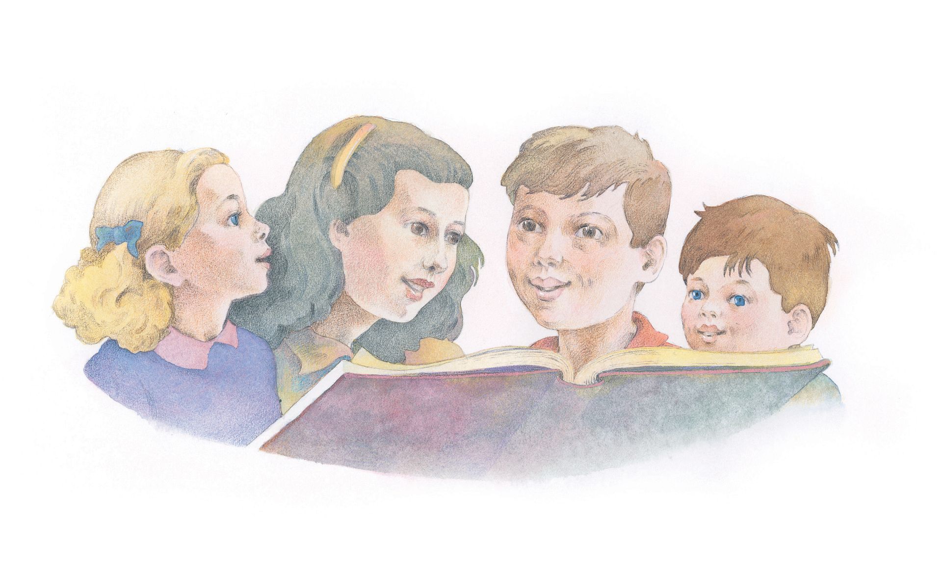 Four children reading from a book together. From the Children’s Songbook, page 259, “We’re All Together Again”; watercolor illustration by Richard Hull.