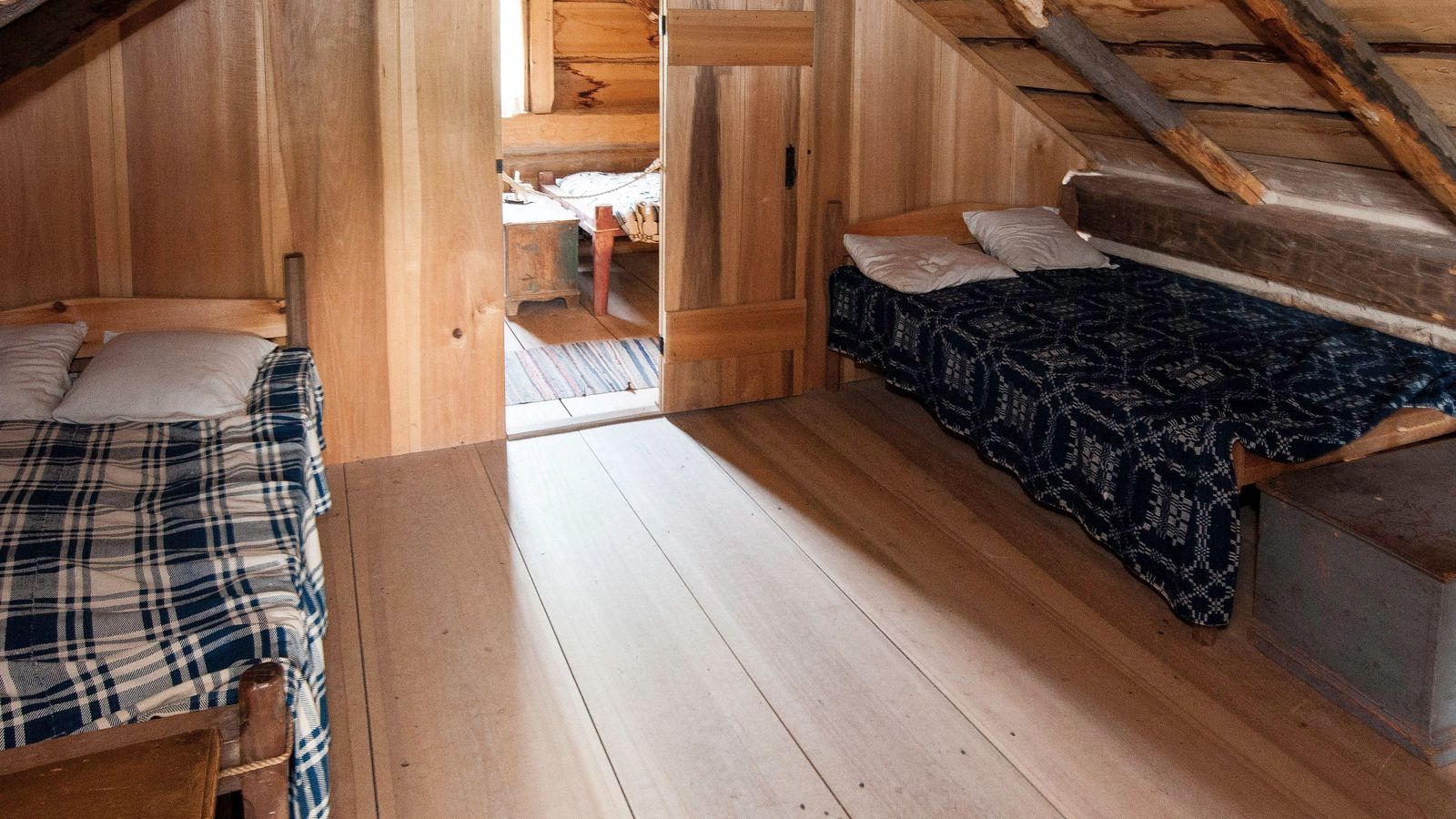 Attic with beds at the Joseph Smith Sr. cabin in Palmyra, New York. (horiz)