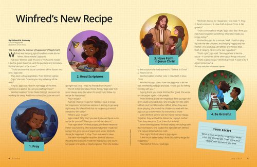 Story PDF with images of a girl praying, reading the scriptures, with Jesus Christ, and picking apples