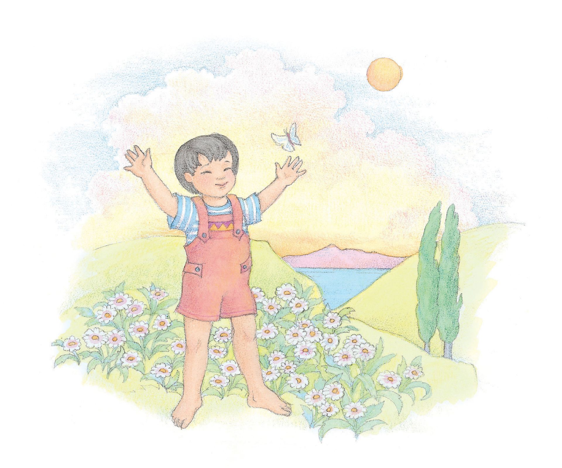A boy in a meadow reaching toward a butterfly. From the Children’s Songbook, page 74, “I Feel My Savior’s Love”; watercolor illustration by Phyllis Luch.
