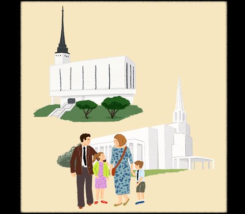 Preston England Temple and London England Temple with a family walking in front of it. Girls in dresses and boys in white shirts and ties and slacks.