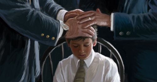 Illustration of a boy being confirmed with the laying of hands.