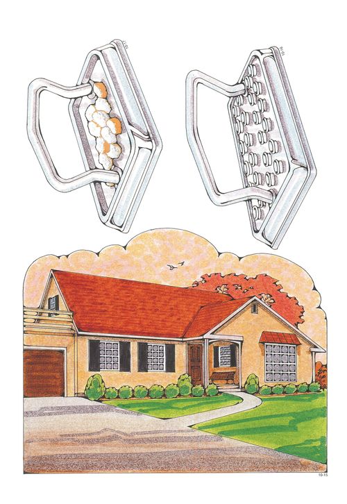 Primary cutouts of a rambler-style home with a long driveway, a metal sacrament tray with broken bread, and a metal sacrament tray with water cups.