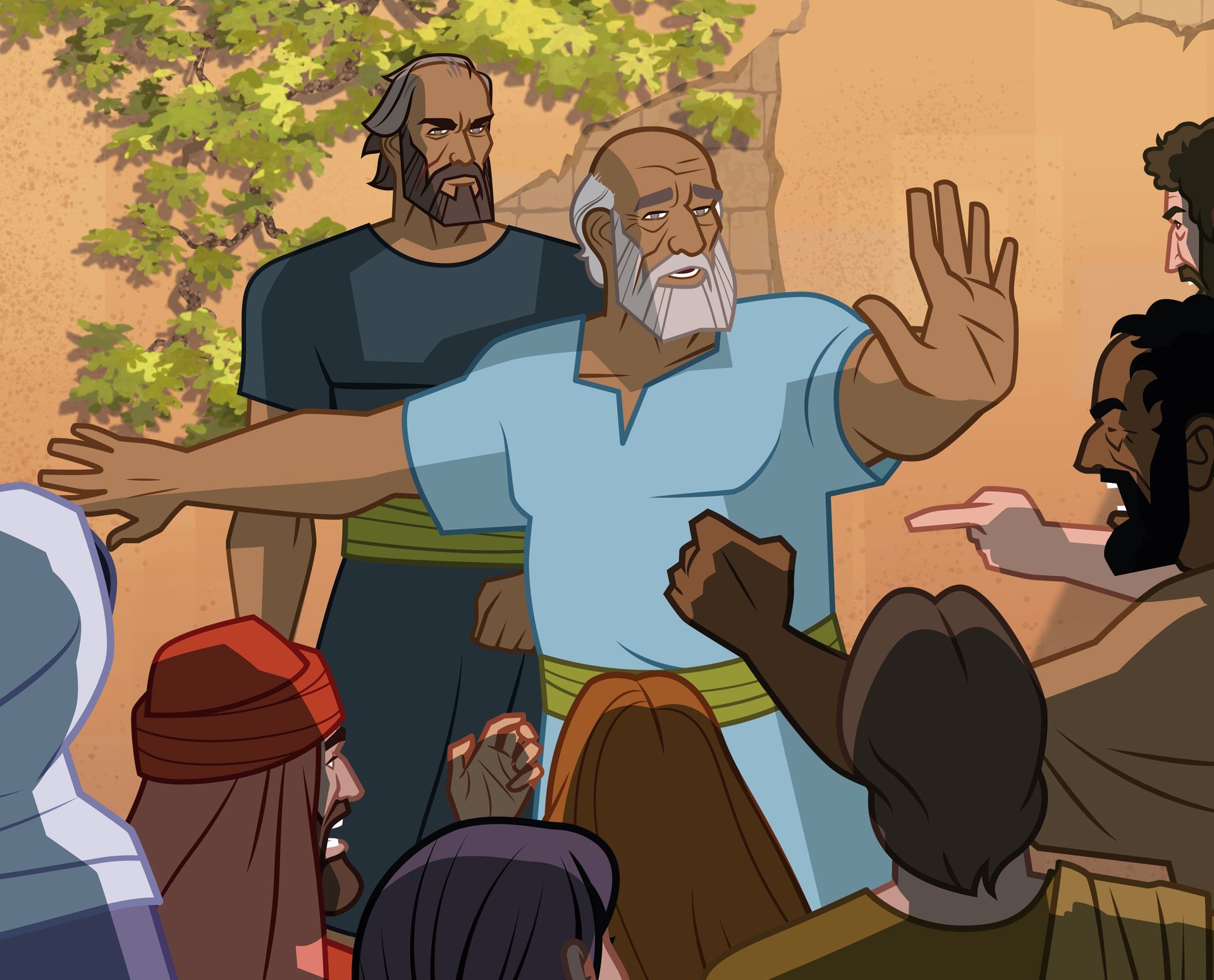 Illustration of Gideon’s father protecting him from angry people. Judges 6:28–32