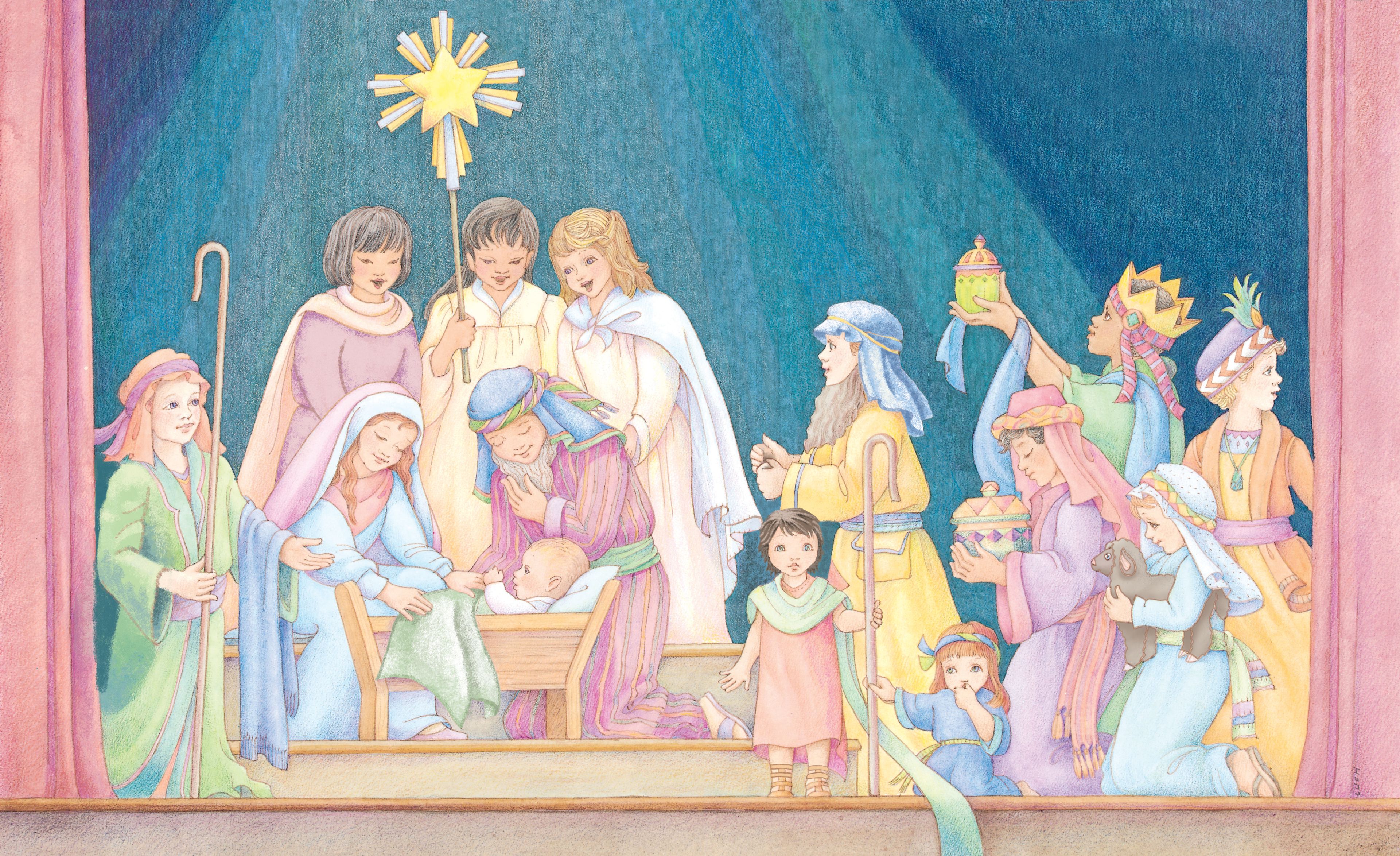 A group of children on a stage, reenacting the Nativity scene. From the section “The Savior” in the Children’s Songbook, pages 32–33; watercolor illustration by Phyllis Luch.