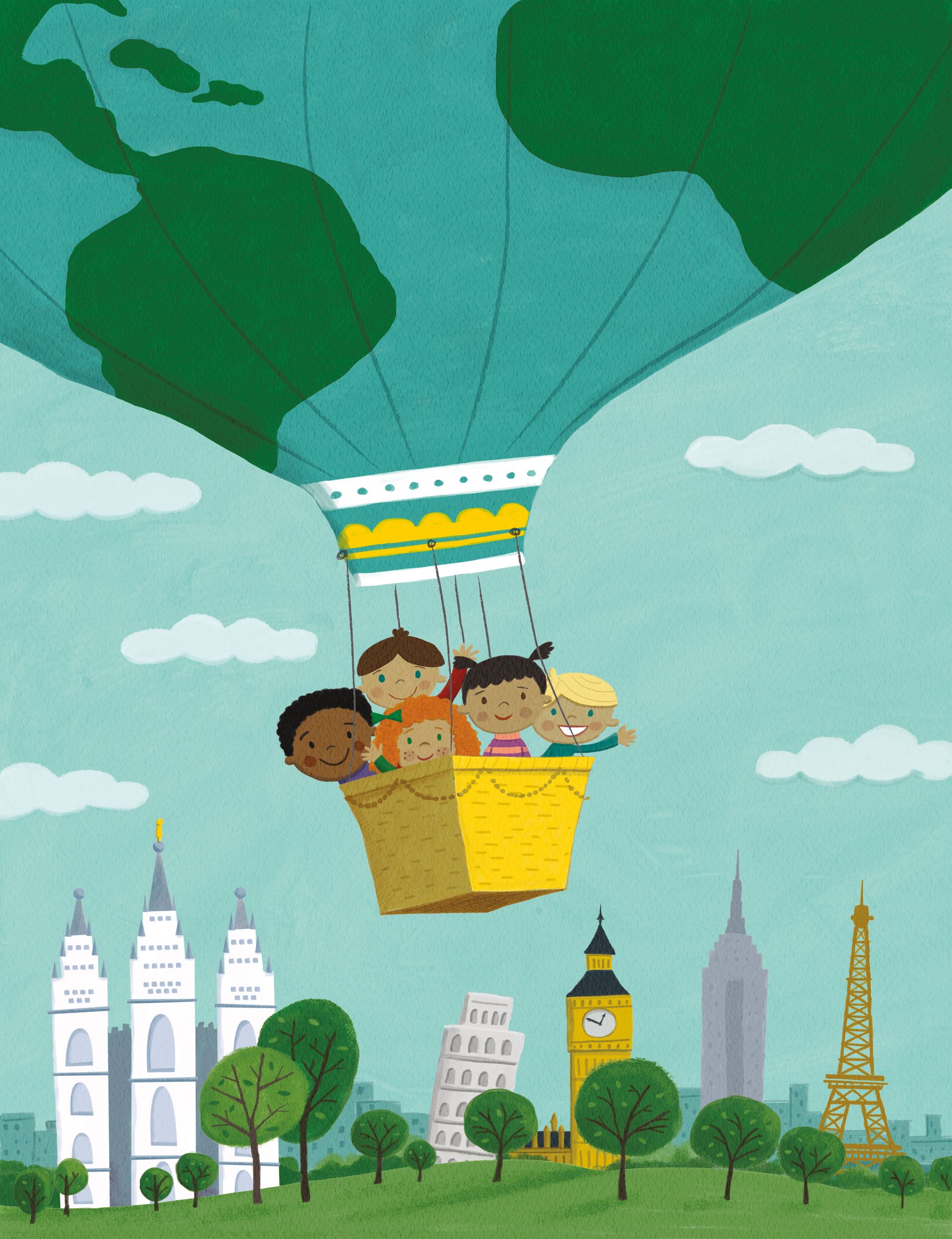 A group of children fly in a hot air balloon with famous monuments below them.