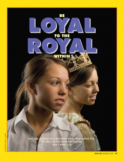 A conceptual photo of a girl standing back to back with herself wearing a crown, paired with the words “Be Loyal to the Royal Within.”