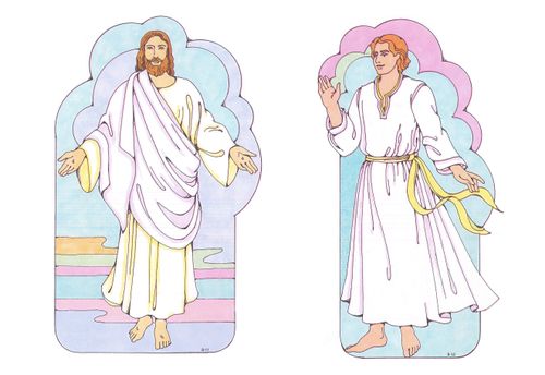 Colored drawings showing the resurrected Christ in white robes with the nail prints in His hands and feet, and an angel with a yellow sash.