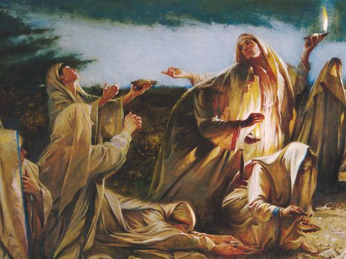 Painting depicting the parable of the ten virgins as taught by Jesus Christ.