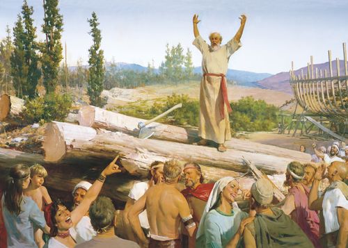 A painting by Harry Anderson showing Noah standing on a stack of lumber with his arms raised, warning the people who stand around him laughing.