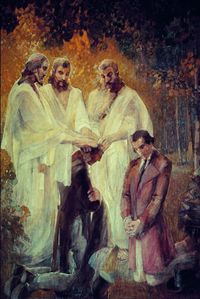 Study sketch with grid for Melchizedek Priesthood restoration.  Peter, James and John are ordaining a kneeling sandy haired Joseph while Oliver, dressed in brown kneels at the side.