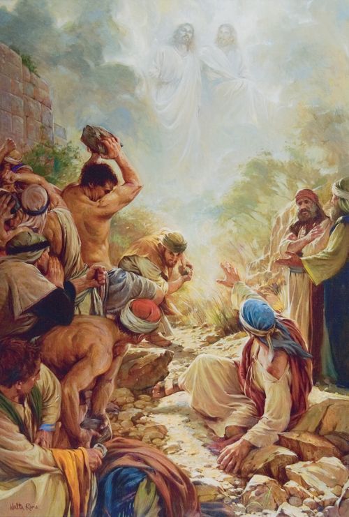 A painting by Walter Rane showing Stephen being stoned by an angry mob, with a vision of God the Father and Jesus Christ in the heavens.