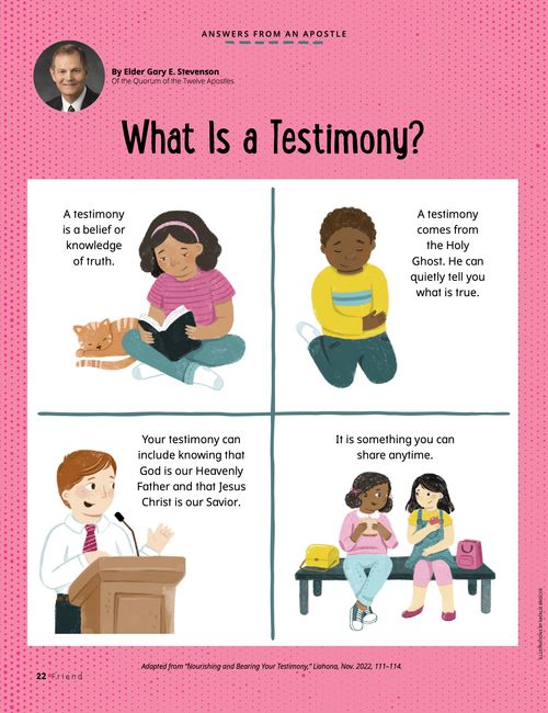 Article PDF with images of children reading the scriptures, praying, standing at a microphone, and being kind