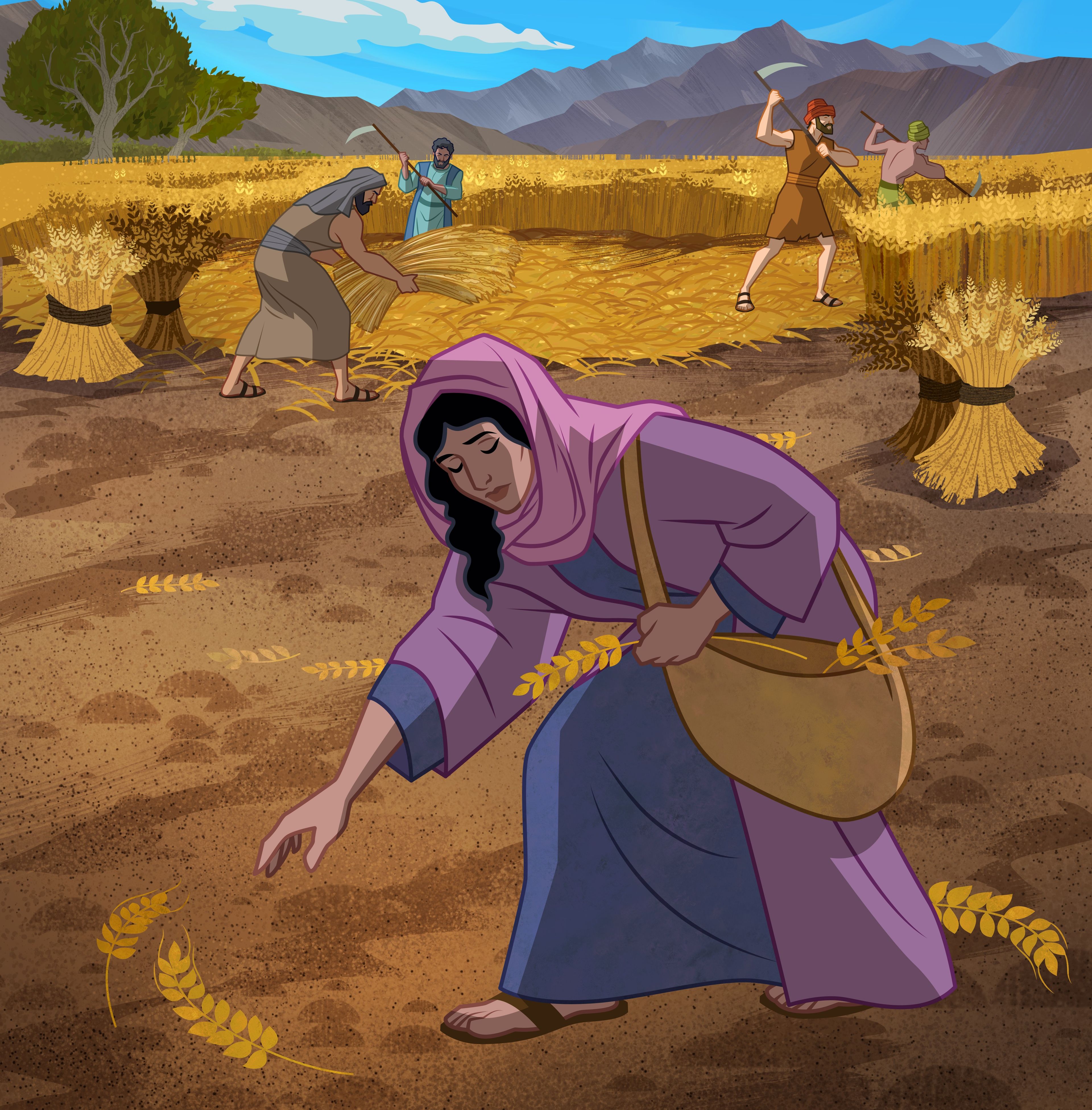 Illustration of Ruth gathering grain. Ruth 1:22; 2:3