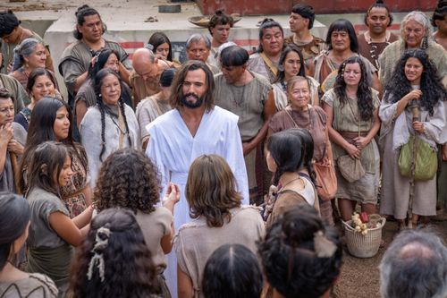 Jesus Christ blessed the children in the City of Bountiful outside the temple.