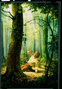 Joseph Smith, Jr. depicted kneeling in the Sacred Grove during the First Vision. A ray of light can be seen coming from the sky down through the trees toward Joseph.