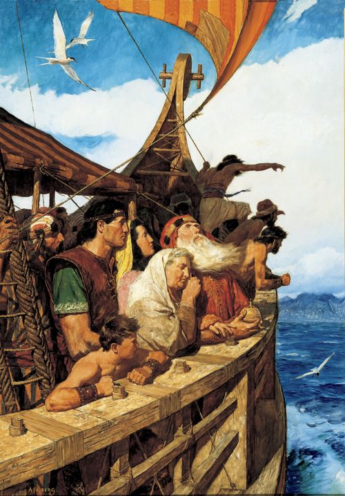 The Book of Mormon prophet Lehi and his family aboard a ship. The family members are looking at and pointing to the shores of the promised land. Birds are flying around the ship.