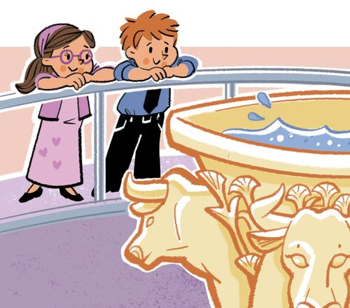 An illustration of a boy and a girl in front of a baptismal font