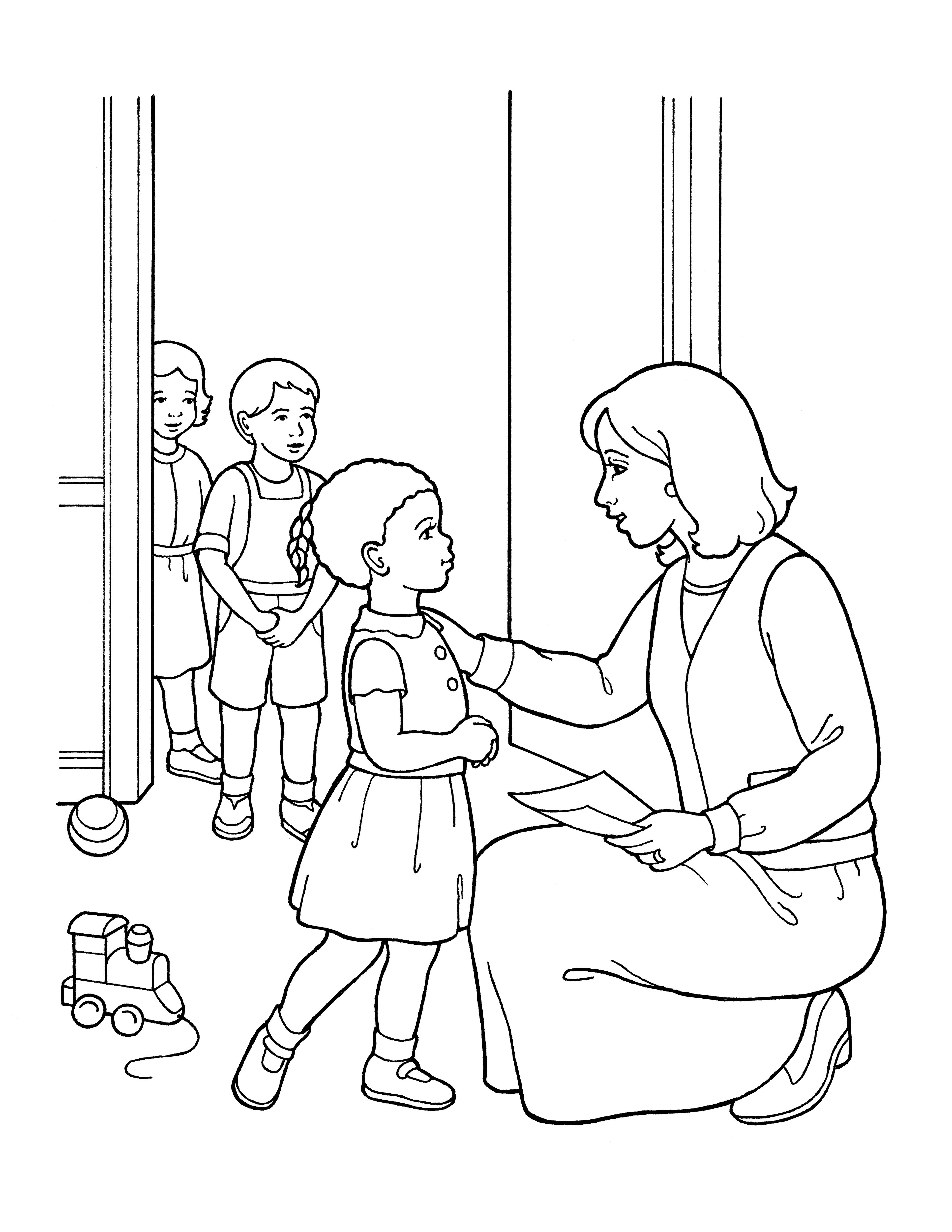 An illustration of a nursery leader welcoming the little children into the nursery classroom.