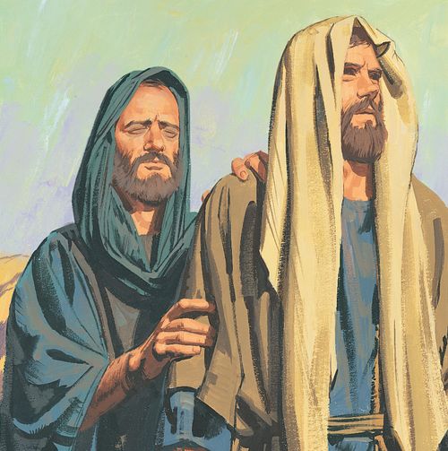 Paul, being blind,  is led by a friend along the road. - ch.60-3