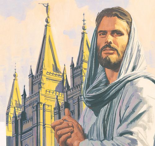 The Church of Jesus Christ of Latter-day Saints is the same church Jesus organized when He was on the earth.  Jesus Christ is pictured with the Salt Lake Temple in the background. - ch.64-10