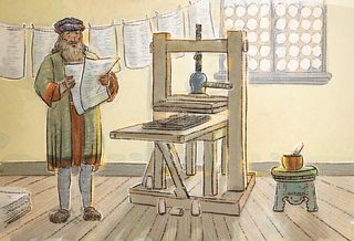 Man looking at papers next to a printing press.