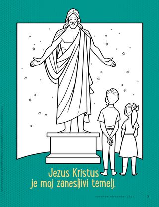 coloring page of two children looking at statue of Jesus