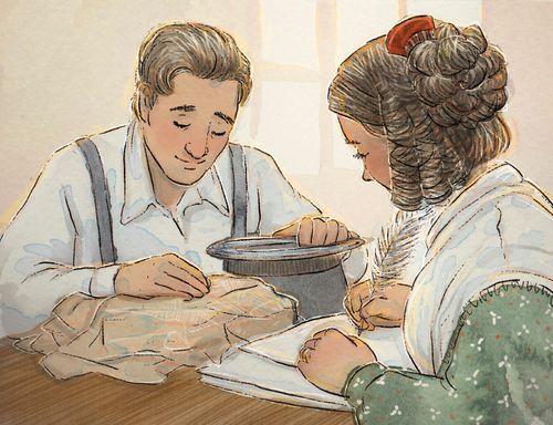 Joseph Smith þýðir Mormónsbók með Emmu sem ritara