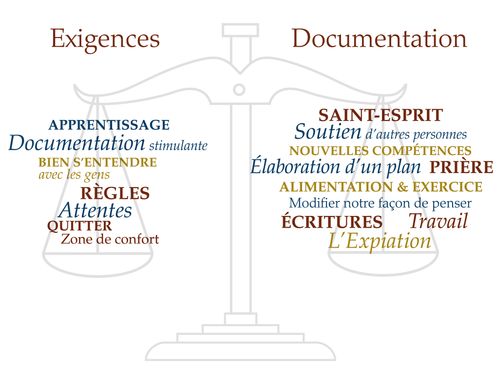 Drawing of scales with categories titled "Demands" and "Resources."  French language.