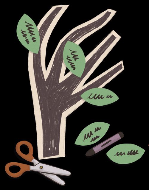 A drawing of a paper tree next to scissors and a crayon