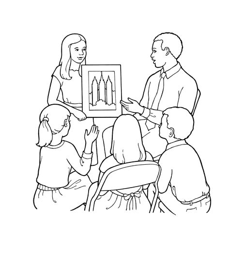A black-and-white illustration of a male teacher and a female teacher showing a Primary class of three children a picture of the Salt Lake Temple.