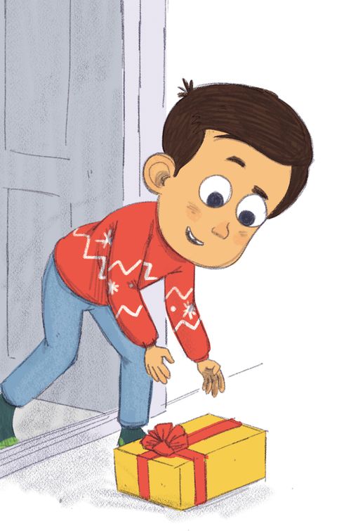 Boy finding present on porch