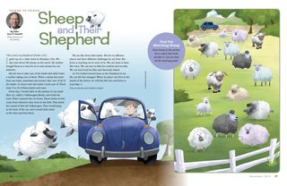 sheep jumping into a blue Volkswagen Beetle