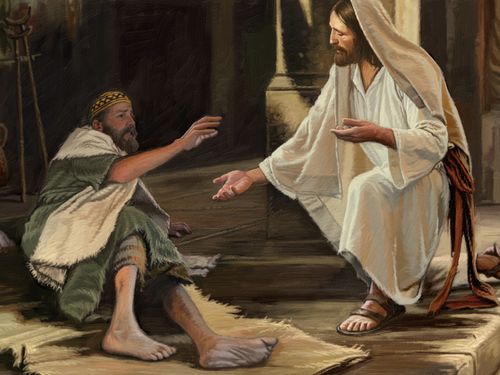 Jesus Christ healing a lame man at the Pool of Bethesda.