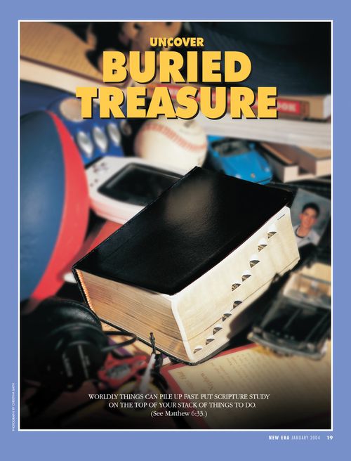 A set of scriptures lying on top of a pile of other activities, paired with the words “Uncover Buried Treasure.”