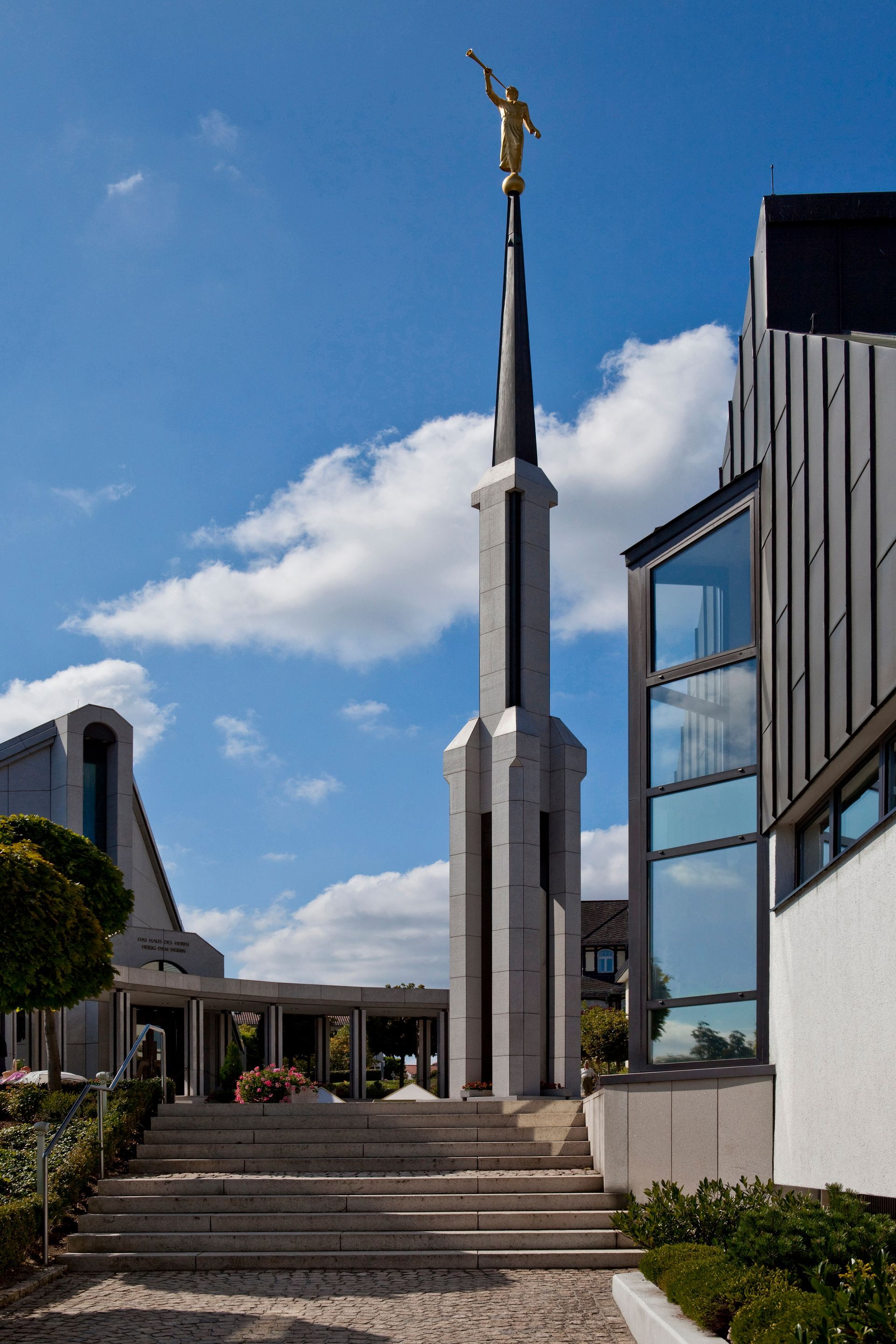 A portrait view of the entrance of the Frankfurt Germany Temple.  