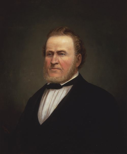A painted portrait by George Martin Ottinger of Brigham Young with a short beard, wearing a dark suit.