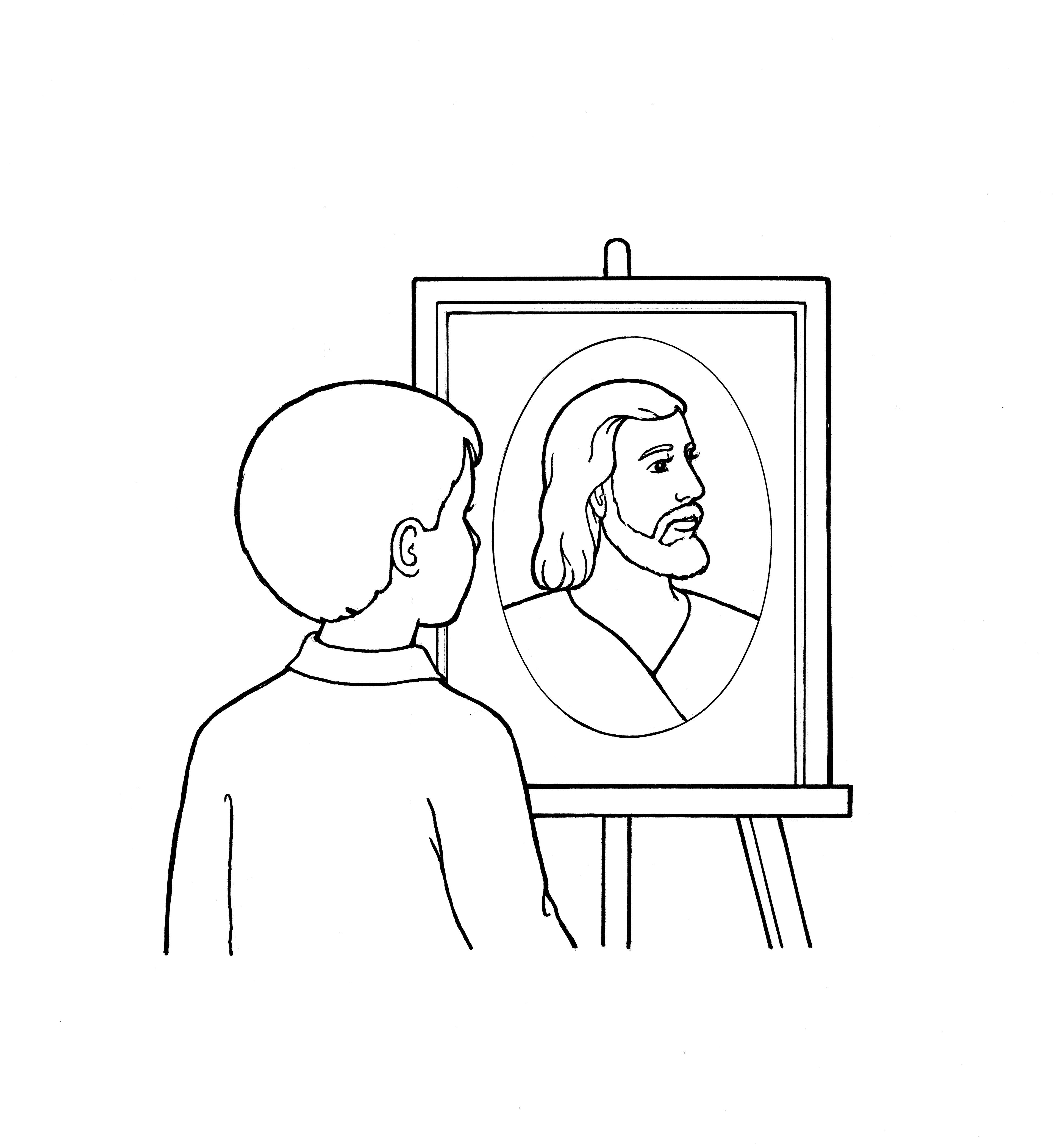 An illustration of a boy looking at a portrait of Jesus.