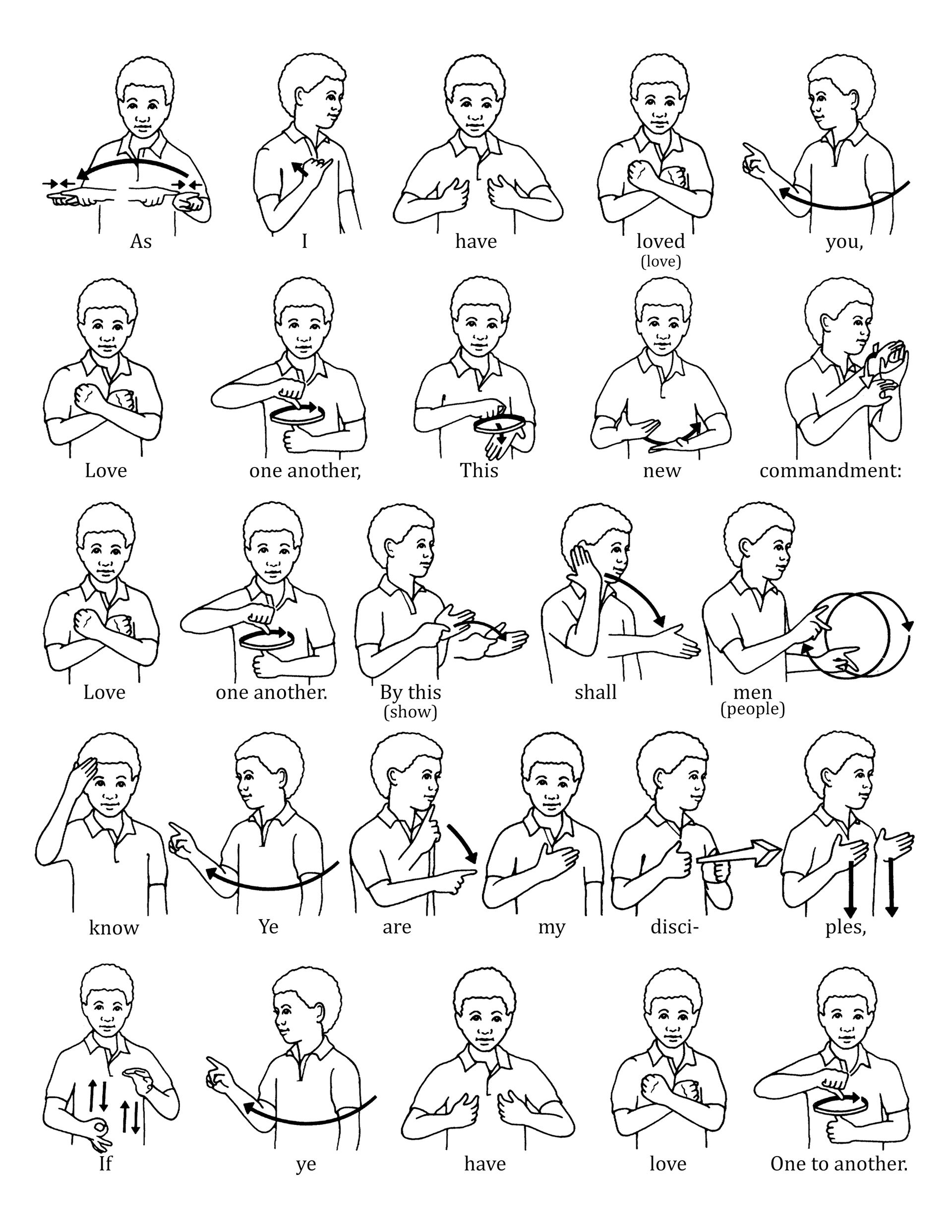 A series of sign language illustrations to help children learn the signs for “Love One Another.” From the Children’s Songbook, page 137, “Love One Another”; illustration by Jennifer Harward. © undefined ipCode 1.