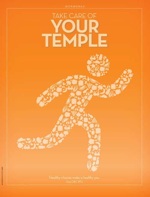 A graphic showing the silhouette of a person filled with illustrations of healthy food, paired with the words “Take Care of Your Temple.”