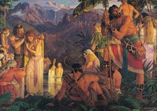 The Book of Mormon prophet Alma baptizing Nephite converts in the Waters of Mormon. Other men and women are watching or waiting to be baptized. There are trees and mountains in the background. Scriptural reference: Mosiah 18:5-16