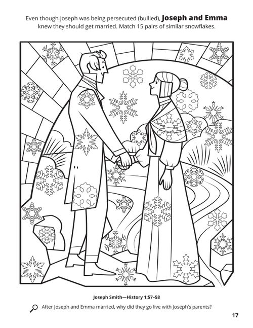 A line image of Joseph Smith Jr. and Emma Smith holding hands with a snowflake matching game.