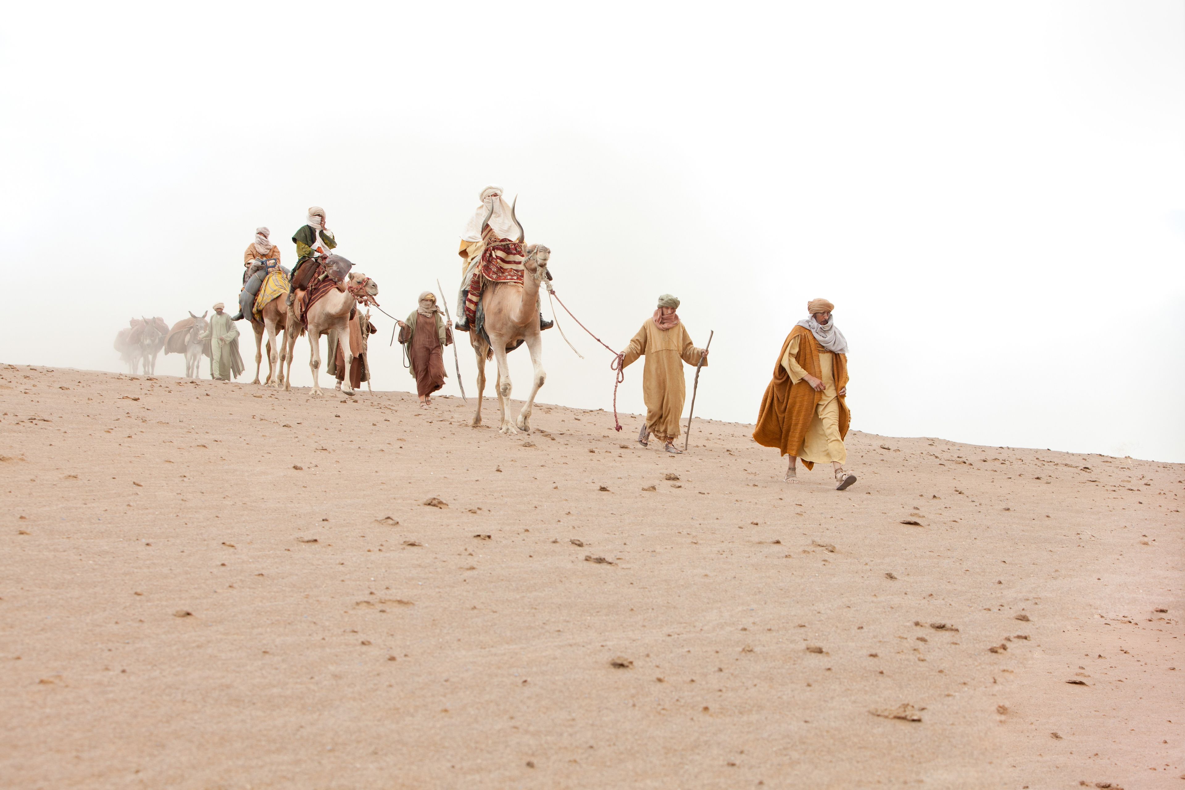 The Wise Men ride their camels over the desert sand.